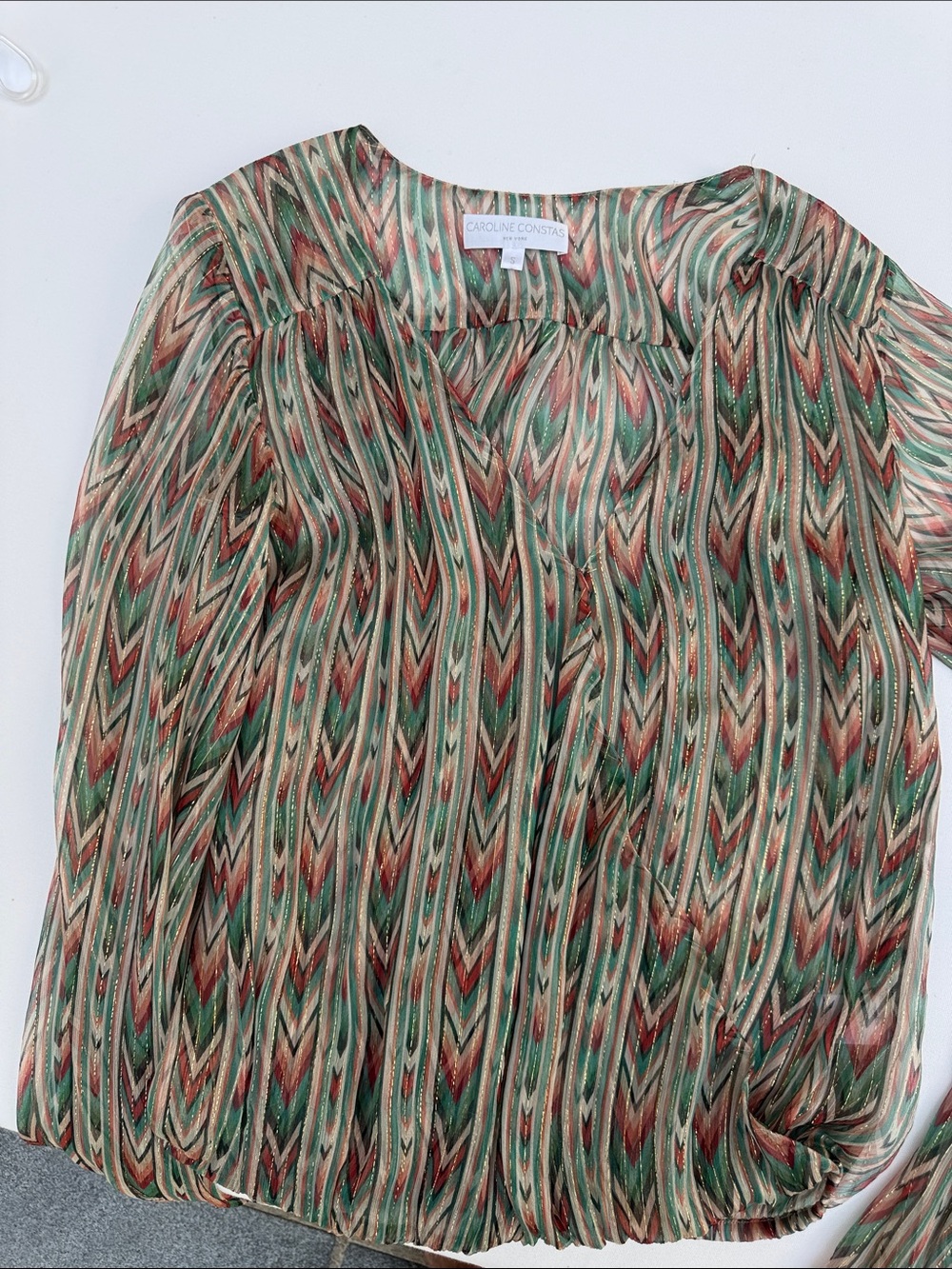 Caroline Constas Chevron-Stripe Metallic Blouse in Green, Rust & Cream